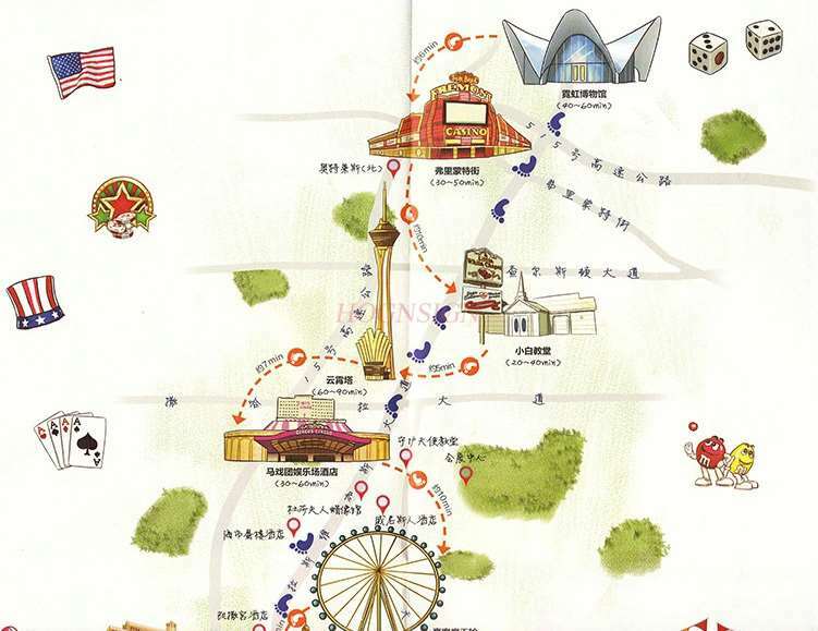 라스베이거스 여행 지도, 네바다 관광 명소 여행 가이드, 중국어 및 영어 콜아웃