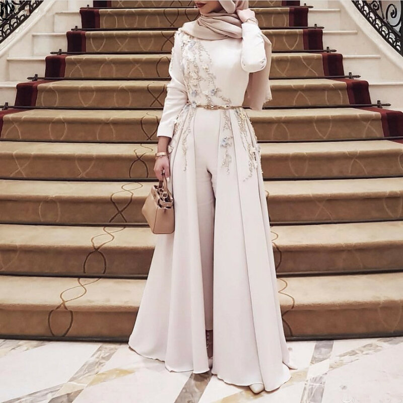 Gaun Malam Muslim Lengan Panjang Gading 2021 Jubah Bordir Gaun Malam Hijab Dubai Islami Gaun Malam Pakaian Celana Gaun Prom Formal