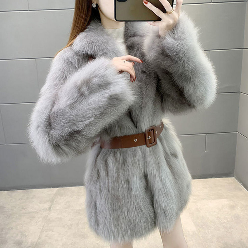 Abrigo de piel de zorro sintética para mujer, abrigo cálido de longitud media con cordones, color caqui/Blanco/gris, para invierno, 2021