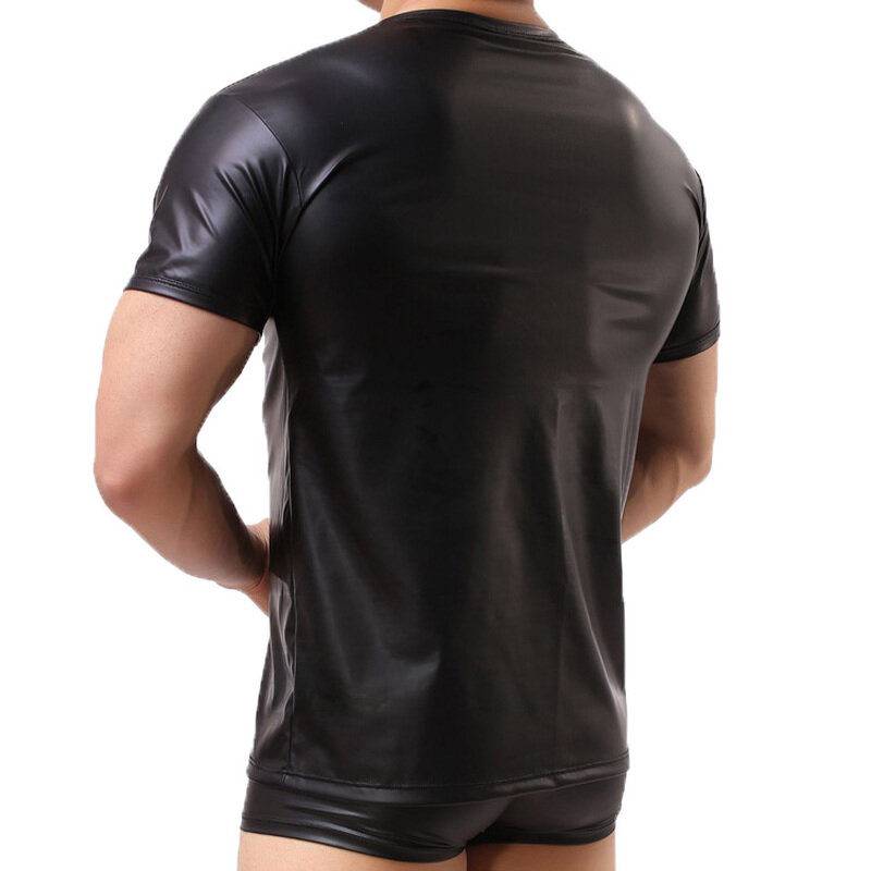 Mannen Shirts Faux Lederen Korte Mouwen T-shirts Pu Leer Sexy Fitness Tops Gay Latex T-shirt Gay Stage Tee Sexy party Clubwear
