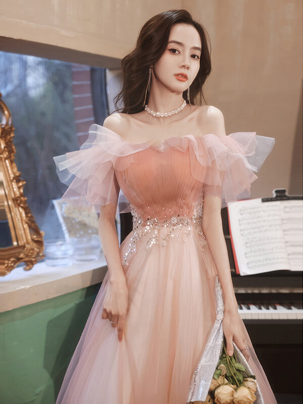 Sukienki na przyjęcie w stylu koreańskim dla kobiet bez ramiączek z cekinami A-Line wdzięku suknia wieczorowa do kostek skrzydła delikatne suknie korowód