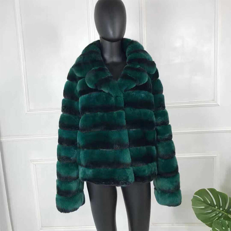 2022 New Fashion Rex Rabbit Fur Coat Full Sleeves Chinchilla Color High Quality 100% Genuine Rex Rabbit Fur