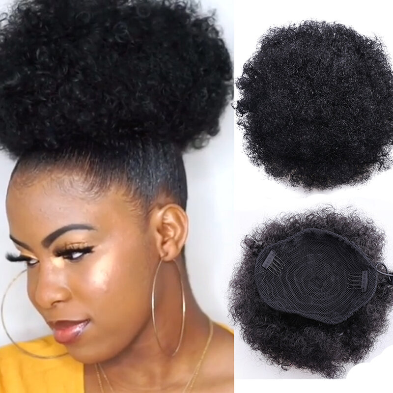 8-дюймовый короткий пуф афро-волос, синтетический пучок, шиньон для женщин, кулиска, хвост, кудрявый, кудрявый, наращивание волос на зажиме