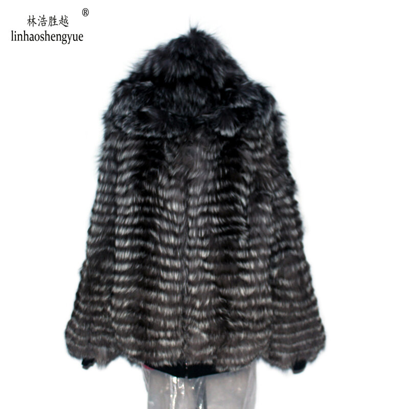 Linhaoshengyue prawdziwe futro z lisów z kapturem długi płaszcz z rękawami