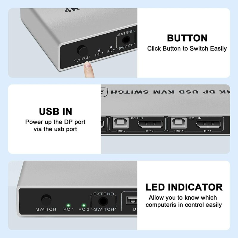 Dual-Port Displayport Kvm-switch 8K @ 60Hz Usb Displayport Kvm Dp Switcher 4KX2K/60Hz displayport 2 In 1 Out Kvm Usb