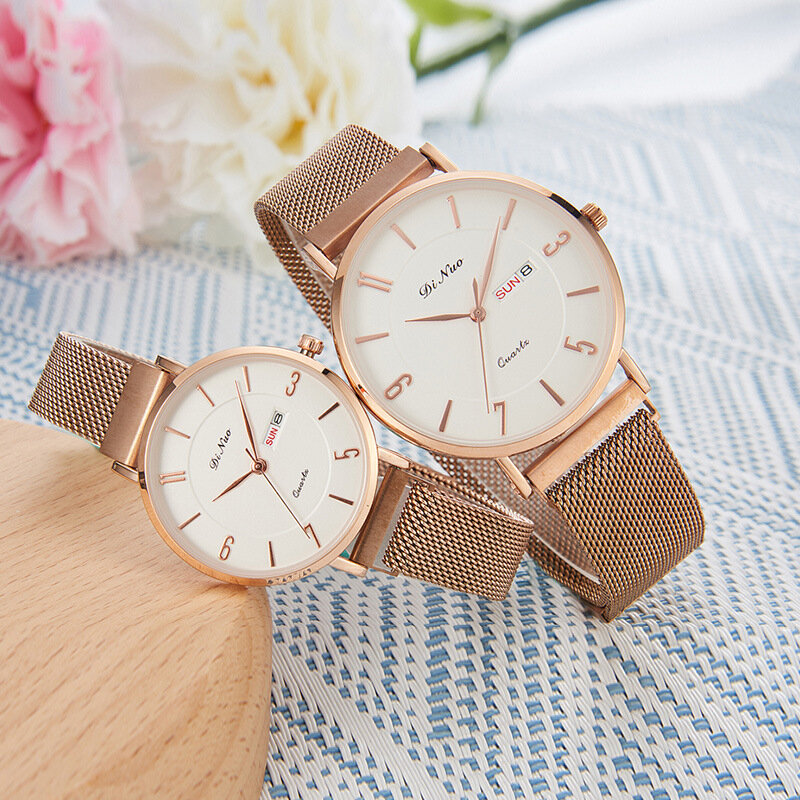 Dinuo relógio de quartzo para homens e mulheres, par de relógios com calendário duplo, moda casual e simples, tendência