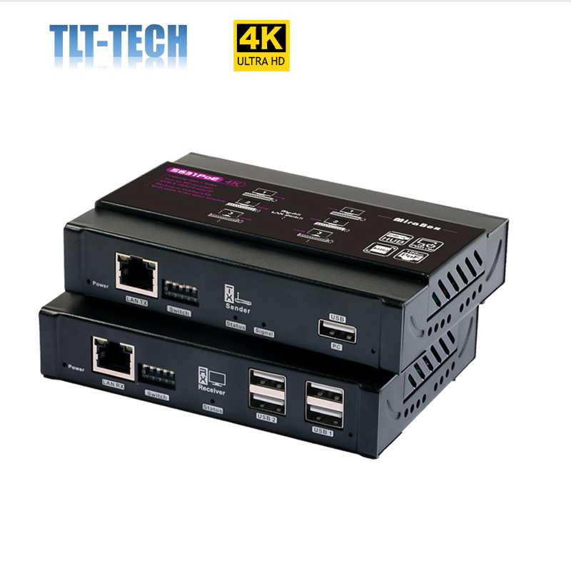 Extensor KVM compatible con HDMI, 4K, PoE, sobre IP, hasta 100m, USB sobre Cat6, compatible con interruptor de alimentación remoto, RS232
