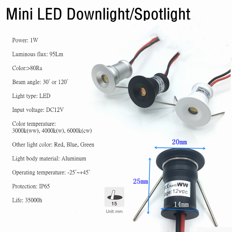 Mini Spot LED 1W 12V Dimmable 15mm Découpe Encastré Downlight IP65 Plafonnier, Vitrine, Éclairage D'affichage