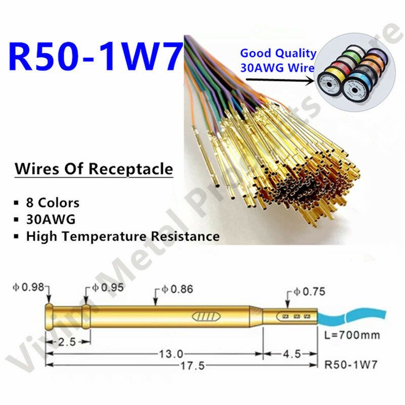 Zócalo de R50-1W7 de longitud, 17,5mm, receptáculo de sonda de prueba de resorte, cable Precableado de Pin Pogo PCB desnudo, 30AWG, resistente a altas temperaturas