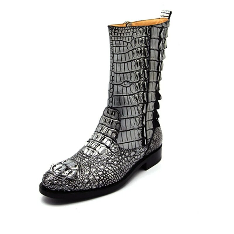 Hulangzhishi-Botas de cocodrilo con personalidad para hombre, zapatos de cilindro medio, botas de cocodrilo manuales, de invierno
