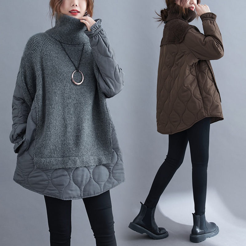 2021 gola alta algodão acolchoado topos retalhos de malha jaqueta feminina inverno retro plus size moda casual acolchoado casaco m527