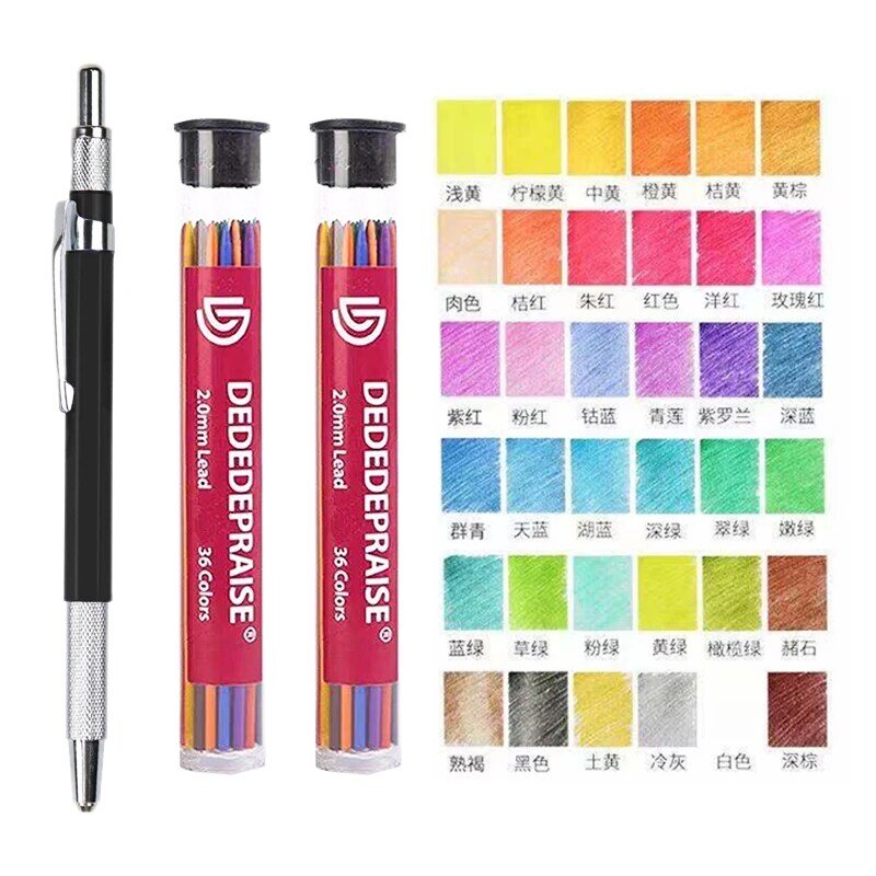 Dededepraise esboço desenho 2.0mm imprensa lápis mecânico & 36 cores leva lápis coloridos lápis automático substituição leads
