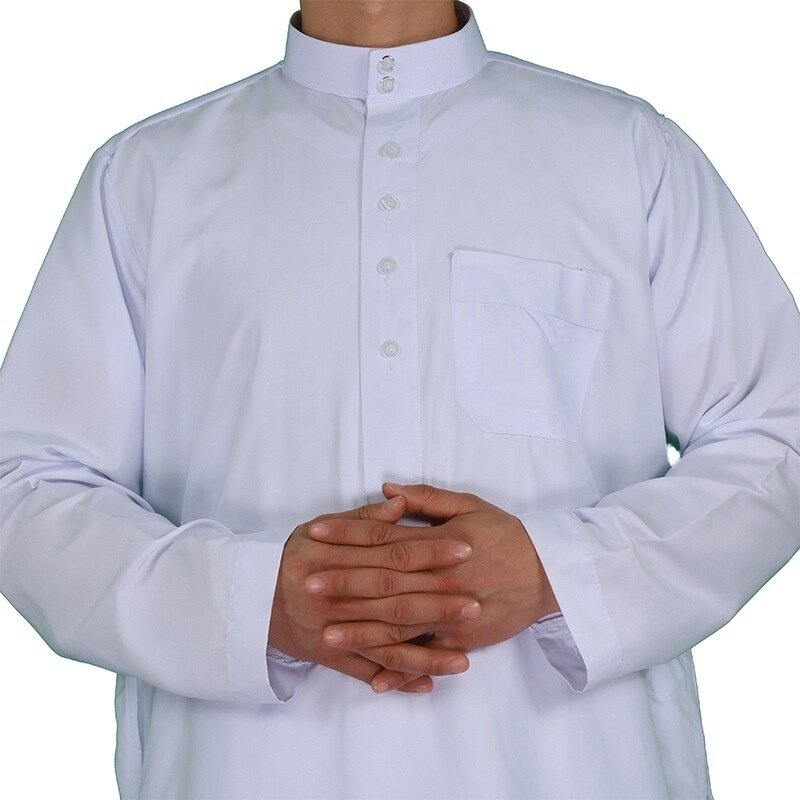 Pria Qatar Muslim Gaya Islam Maroko Putih Abu-abu Lengan Panjang Kerah Berdiri Ukuran Plus Arab Jubah Kemeja Pria Ibadah Jubah