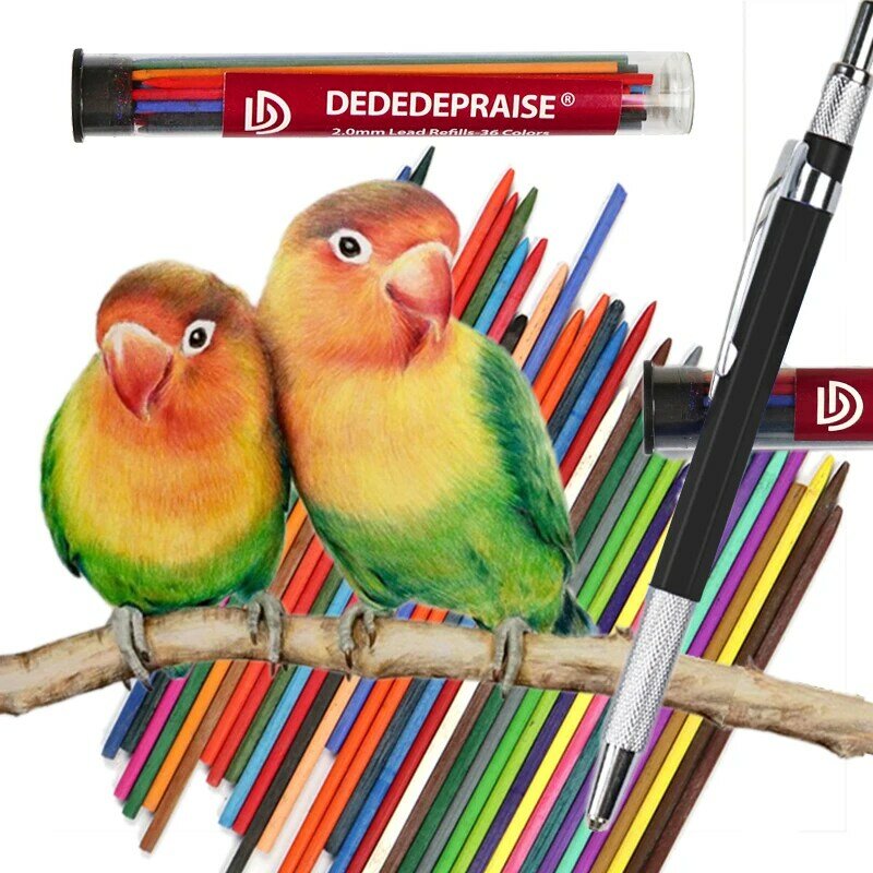 Dededeelogios desenho de 2.0mm lápis de pressão mecânico & 36 cores delineadores de cor lápis de substituição automático