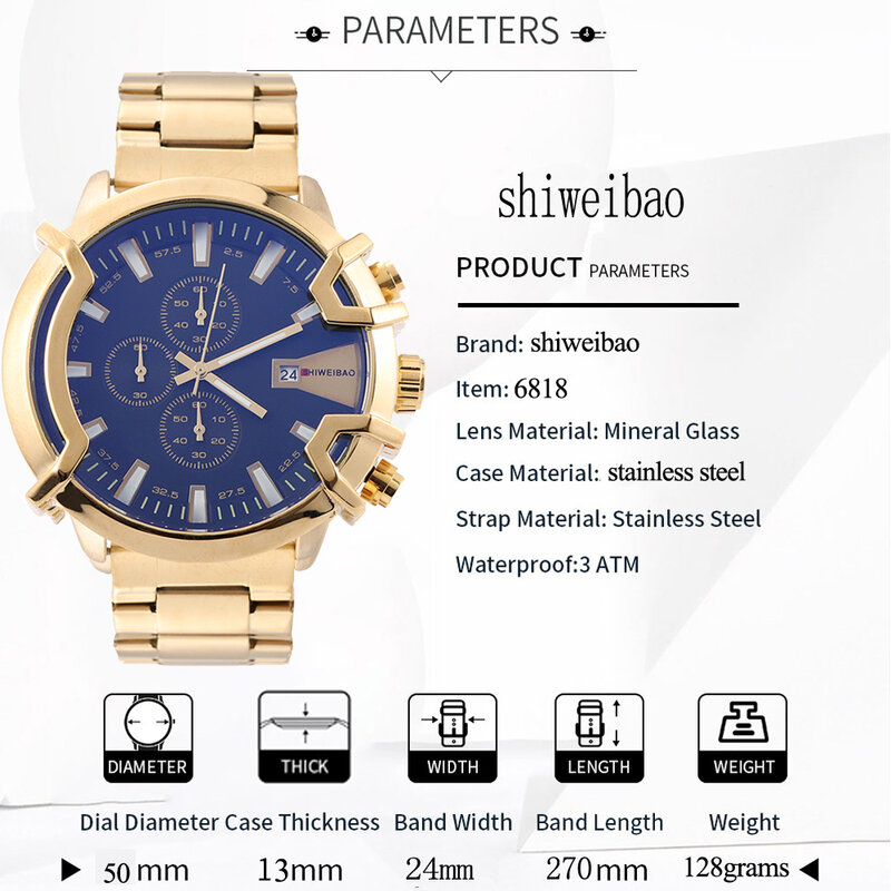 Orologio da uomo in oro Top Luxury Brand acciaio inossidabile Sport orologi al quarzo impermeabili cronografo da uomo militare Relogio Masculino 2021