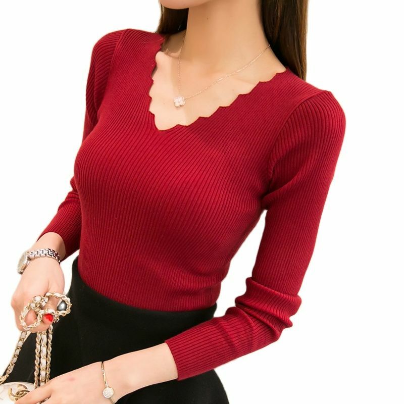 2021 꽉 셔츠 드레스 한국어 Hitz 슬림 긴팔 풀오버 스웨터 스레드 얇은 스웨터 여성 짧은 단락