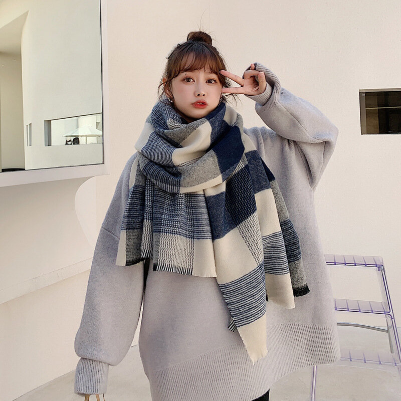 女性用カシミヤスカーフ,ブルーチェック,暖かい,韓国のファッション,厚手のスカーフ,冬