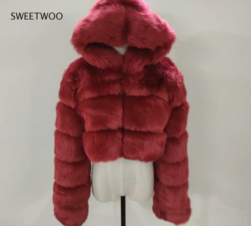 Fashion Autumn Winter High Quality Faux Fox Fur Coat Women 2021 Vintage Long Sleeve with Cap Slim Short Jackets Furry Coat Femme