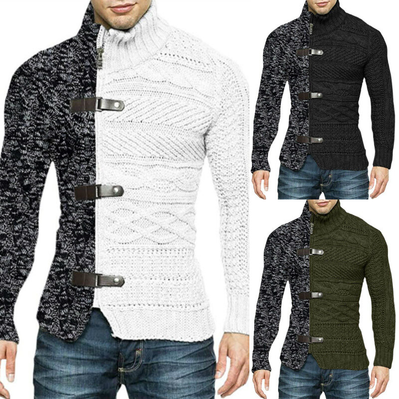 Suéter masculino de gola alta, pulôveres de malha de manga comprida, roupa de outono inverno, macio, quente, básico