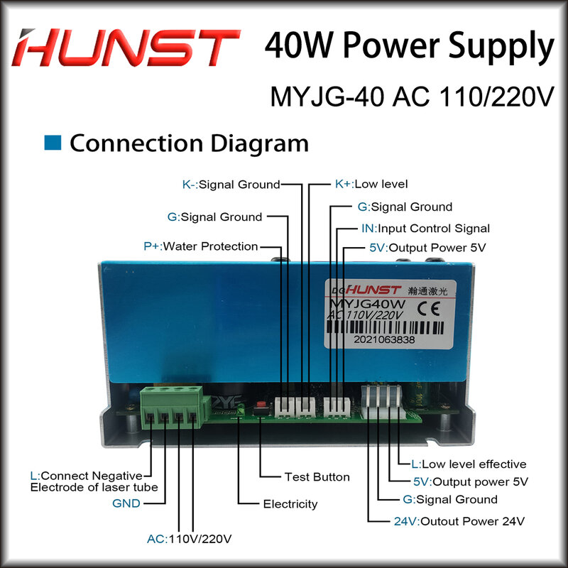 Hunst-fuente de alimentación láser CO2 de 40W, 110V/220V para máquina cortadora de grabado de 30W, 40W, 50W, generador láser de MYJG-40W