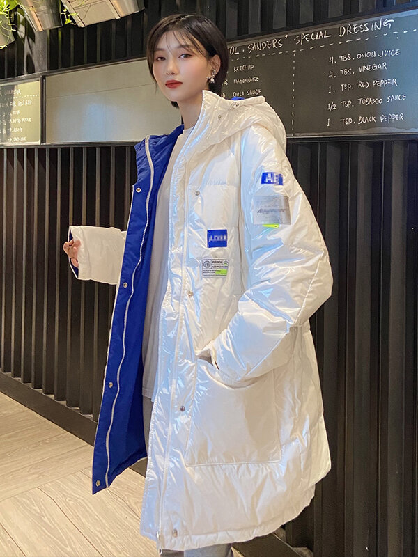 Jaket bulu angsa putih kualitas tinggi, mantel musim dingin wanita model Korea setengah panjang longgar terang bertudung 2023