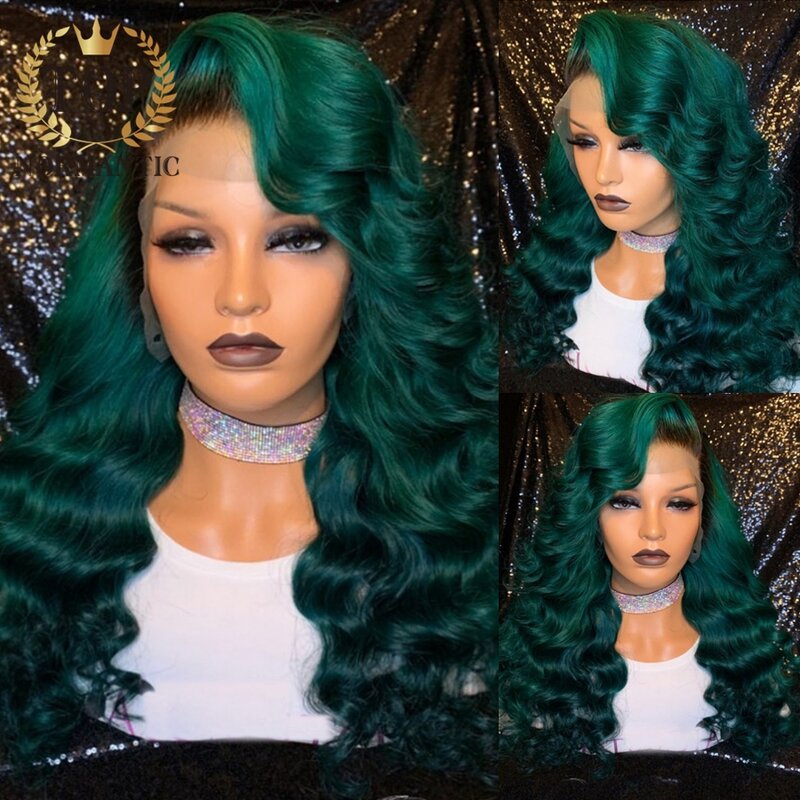 Topnormantic-Peluca de cabello humano ondulado para mujer, postizo de encaje frontal 13x6, Color verde degradado, brasileño, Remy, línea de cabello prearrancada