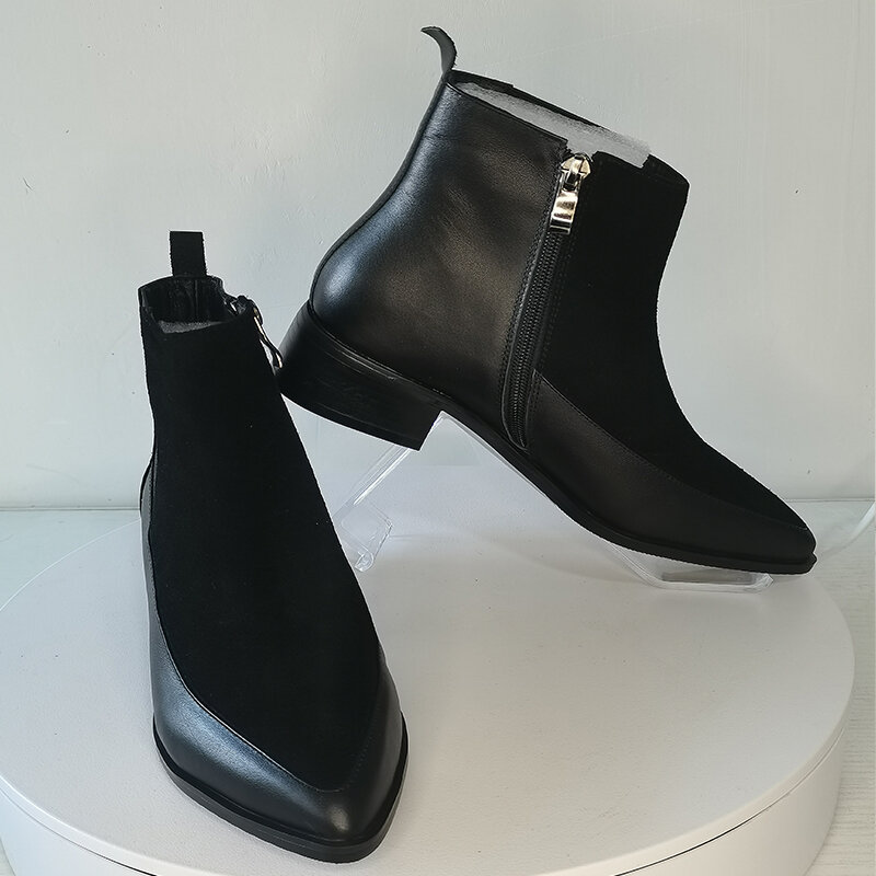 Botas femininas de couro legítimo plus size 22-26.5cm, couro bovino, camurça, bico fino, zíper lateral, sapatos pretos
