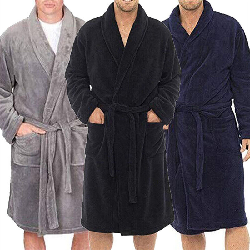 Mens เสื้อคลุมอาบน้ำชายสบายๆ Flannel Robe ชุดนอนแขนยาวผ้าคลุมไหล่ชาย Robe Lounge Nightgown Pakaian Rumahan