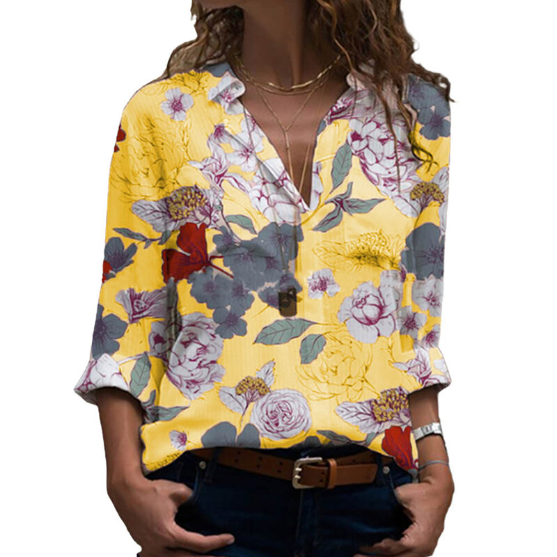 Блузка женская однобортная, с цветочным принтом и длинным рукавом, осень 2020