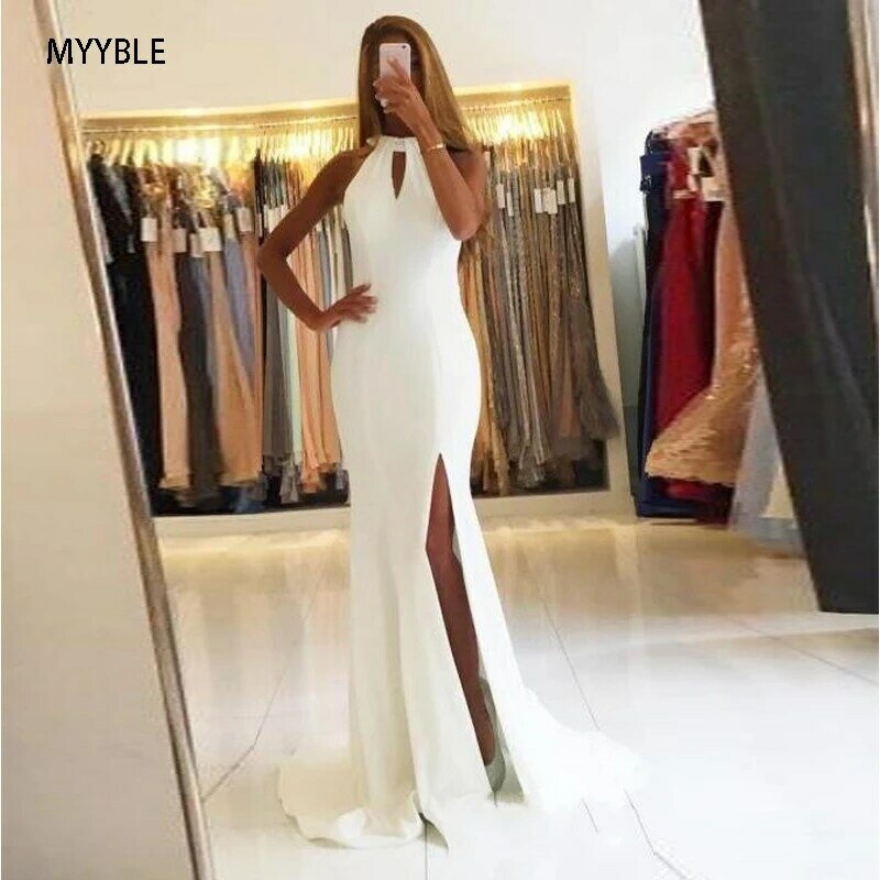 Myyble Prom Jassen Custom Made Wit Halter Avondjurken Side Slit Mouwloze Simple Open Back Mermaid Lange Formele Party jurken