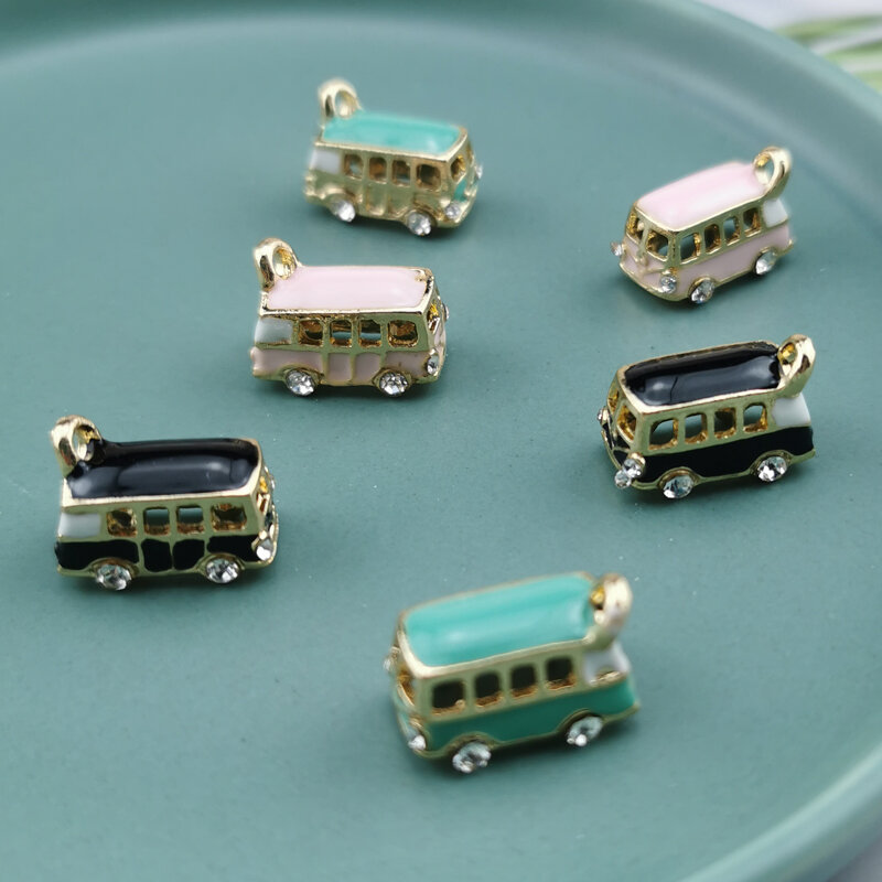 10 Buah 3D Camper Van Miniatur Liontin Enamel Camper Van DIY Perhiasan Temuan Pesona dengan Berlian Imitasi Volkswagen Bus Pesona Dalam Jumlah Besar