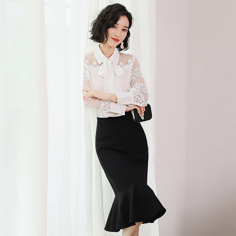 Two Piece Boollili Set Women Office Chiffon Tops Spring Summer Black Skirt 2023 Women Korean Elegant Long Skirts Chandal Mujer