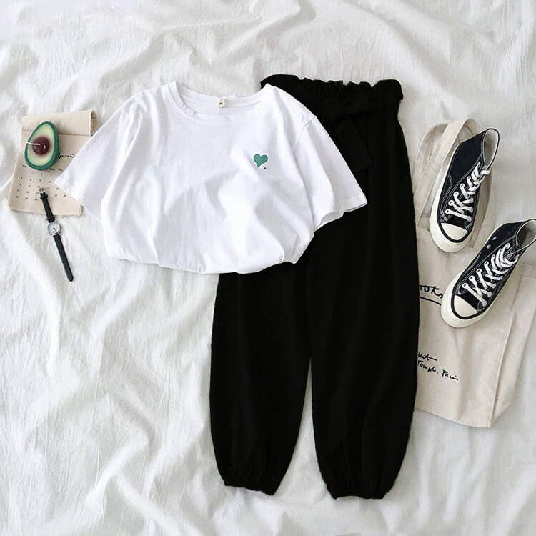 Женский летний спортивный костюм, повседневный Свободный Белый Топ и штаны, комплект из 2 предметов, милая Спортивная одежда для студенток