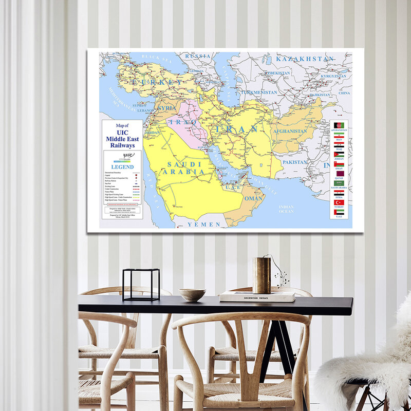 150*100 Cm Peta Timur Tengah Kereta Api Non-woven Kanvas Lukisan Kartu Poster Ruang Tamu Dekorasi Rumah Perlengkapan Sekolah