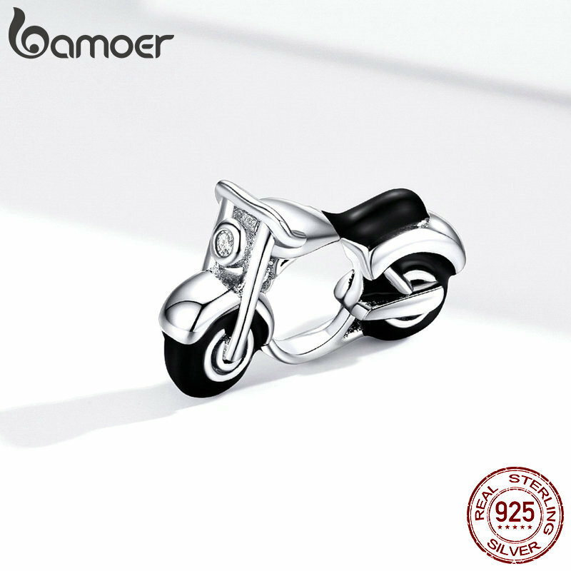 Bamoer 925 prata esterlina motocicleta esmalte preto charme para cobra original pulseira femme e masculino estilo punk jóias bsc273