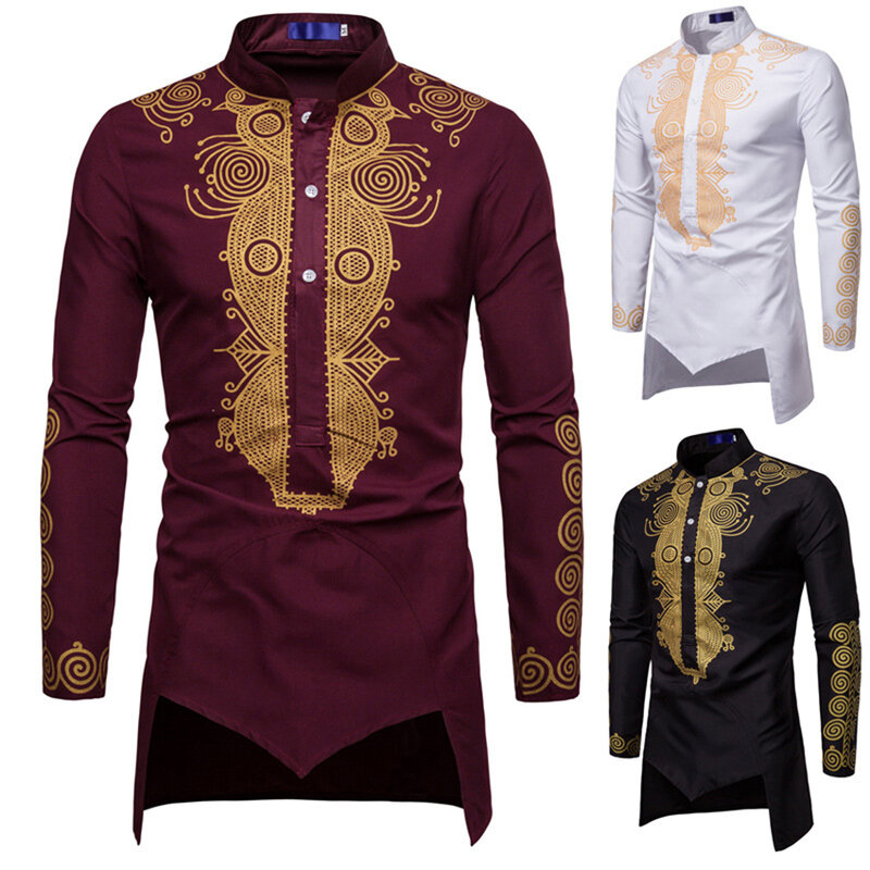 Nieuwe Bedrukte Afrikaanse Kostuumkleding Voor Mannen Dashiki Shirt Lange Mouwen Jurk Hoge Kraag Rok Tops