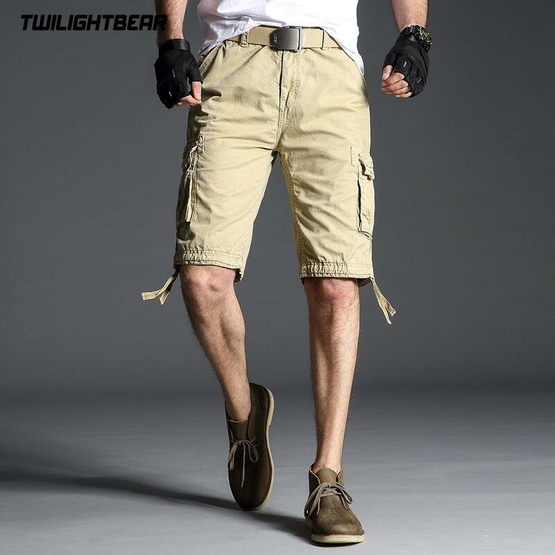Celana pendek kargo pria, celana pendek pantai ukuran besar multi-saku katun murni Streetwear kasual T0F3229 musim panas