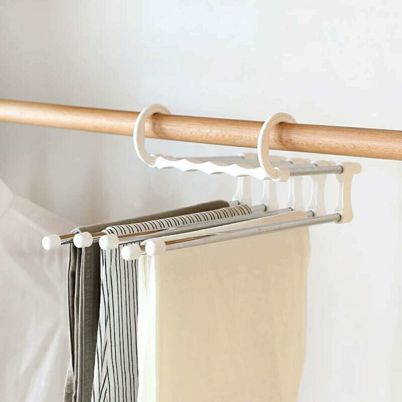 อุปกรณ์ในครัวเรือนประหยัดพื้นที่5-In-1แบบพกพาMulti-Functionกางเกงสแตนเลสแขวนเสื้อผ้าแห้งRack anti-Slip Hanger