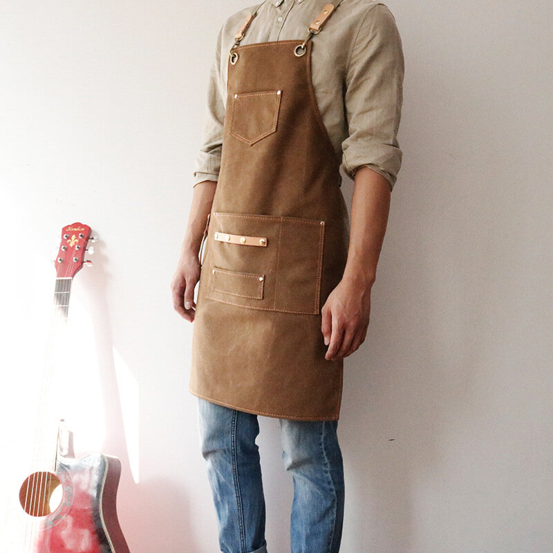 Avental de proteção de couro para chef, avental de cozinha para homens e mulheres, barista com bolsos, para casa, barbeiro, café, restaurante