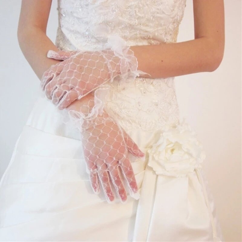 ถุงมือผ้าถักสำหรับเจ้าสาวถุงมือยาวถึงข้อมือถุงมือสั้นสำหรับงานแต่งงานถุงมือฤดูร้อนสำหรับผู้หญิง