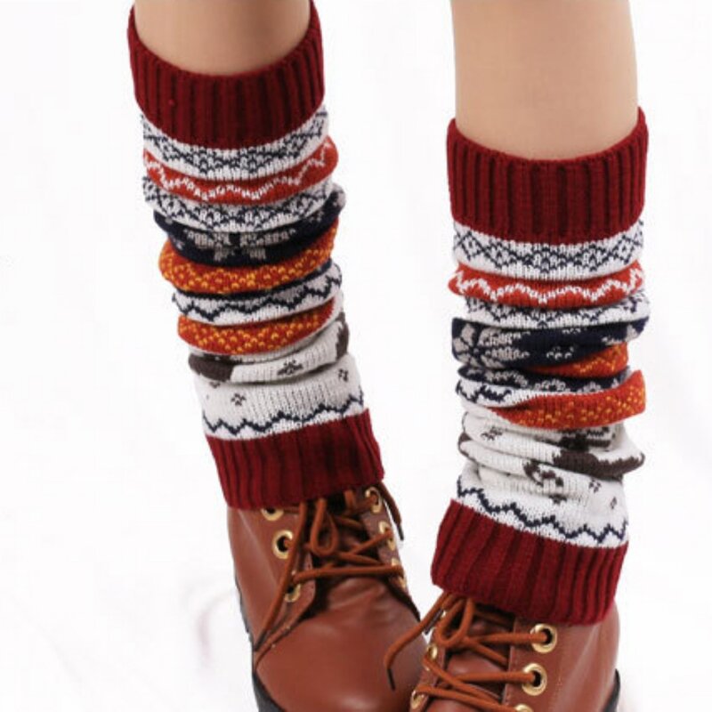 Womens moda inverno malha crochê malha perna aquecedores desenhos animados natal legging joelho meias altas
