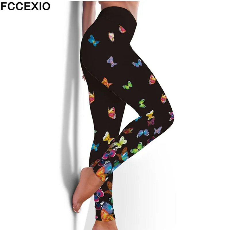 FCCEXIO Legging Elastis Kebugaran Pinggang Tinggi 6 Warna Celana Olahraga Olahraga Olahraga Kasual Legging Seksi Gambar Cetak 3D Kupu-kupu