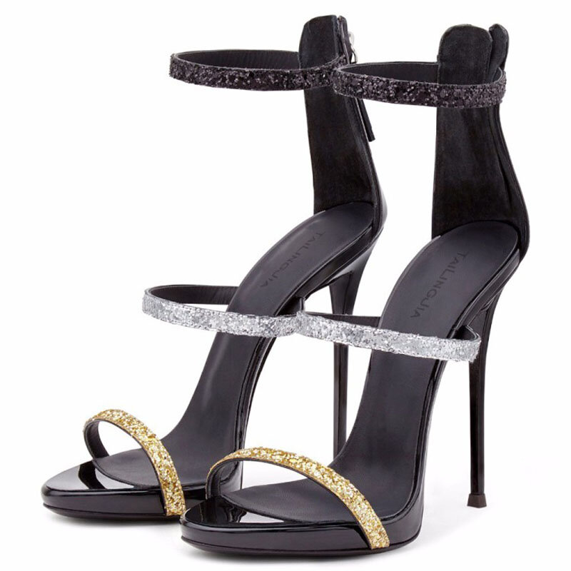 2021 Summer New Stiletto Fashion Sandals donna Color Matching Open Toe Back Zipper tacchi alti temperamento con paillettes da donna
