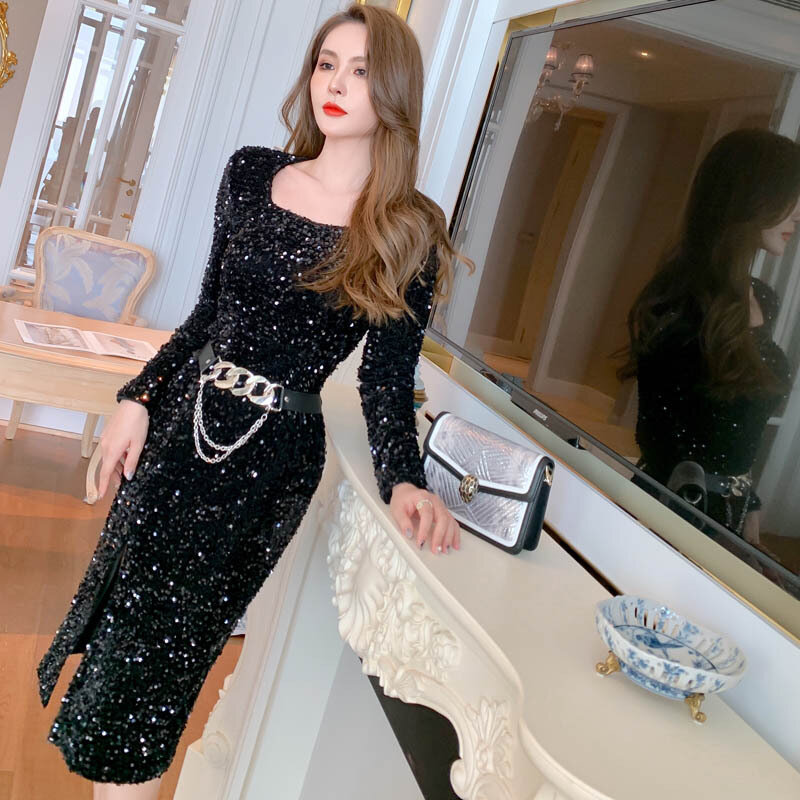 Women's Banquet Gowns Square Collar Full Sleeve Sequined Elegant Evening Dress Tea-Length Sashes Appliques Formal Prom Dresses