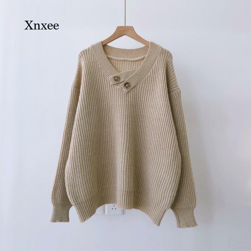 Jersey de punto con botones y cuello en V para mujer, suéteres de manga larga sólidos, ropa coreana, otoño e invierno, 2021