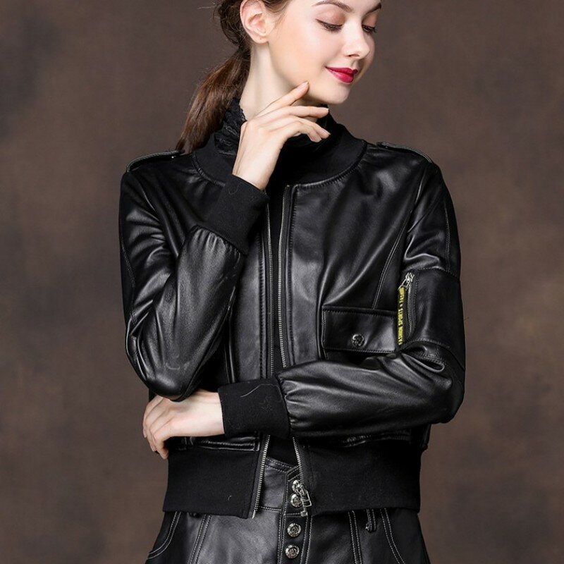 2020 新しい女性シープスキン本爆撃機ショートスタイルモトバイカー女性革生き抜く秋のジャケット
