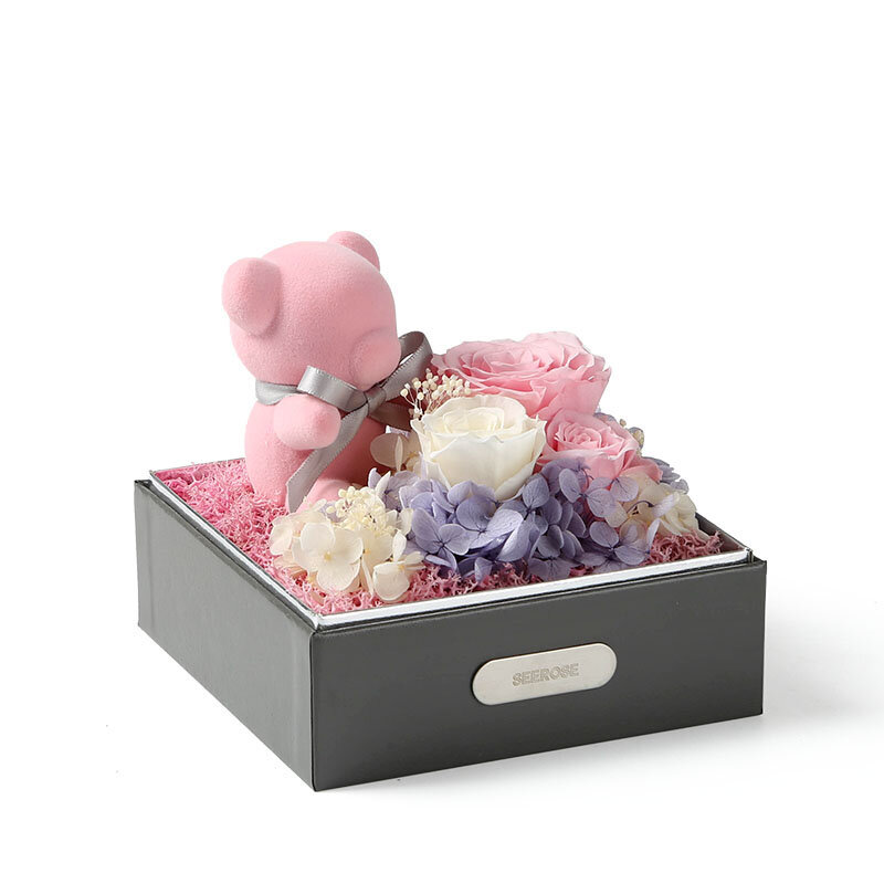 Kawaii quarto decoração decoração coreano acessórios flor imortal musgo rosa urso caixa de presente decoração casamento presentes do feriado