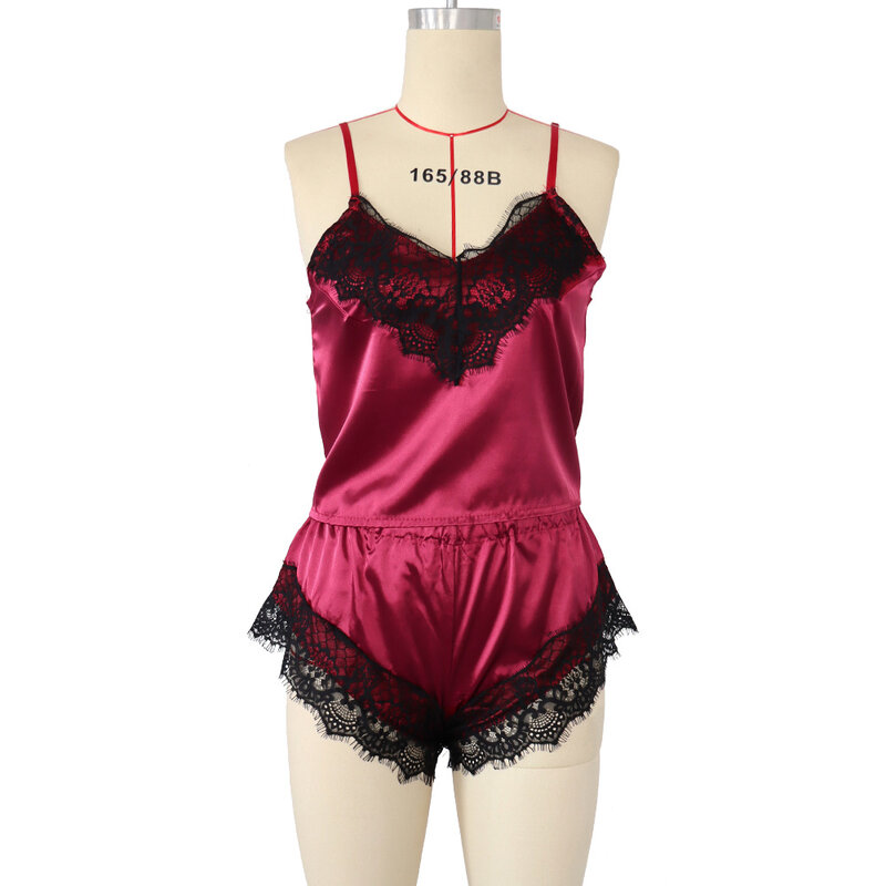 BKLD New Ladies Lace Stitching Satin Pajama Sets Red Wine Color Sling Short Tops & Shorts Women's Comfortable Sexy 2 Piece Suit
