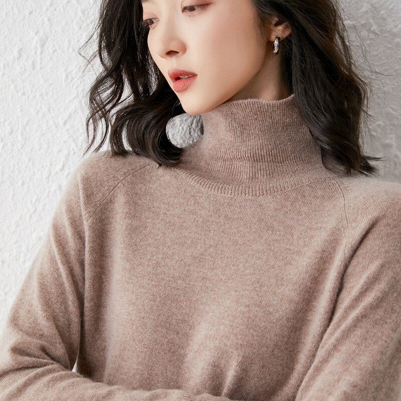 Женский свитер с высоким воротником, свободный шерстяной свитер в Корейском стиле, простой вязаный базовый свитер однотонного цвета для ос...