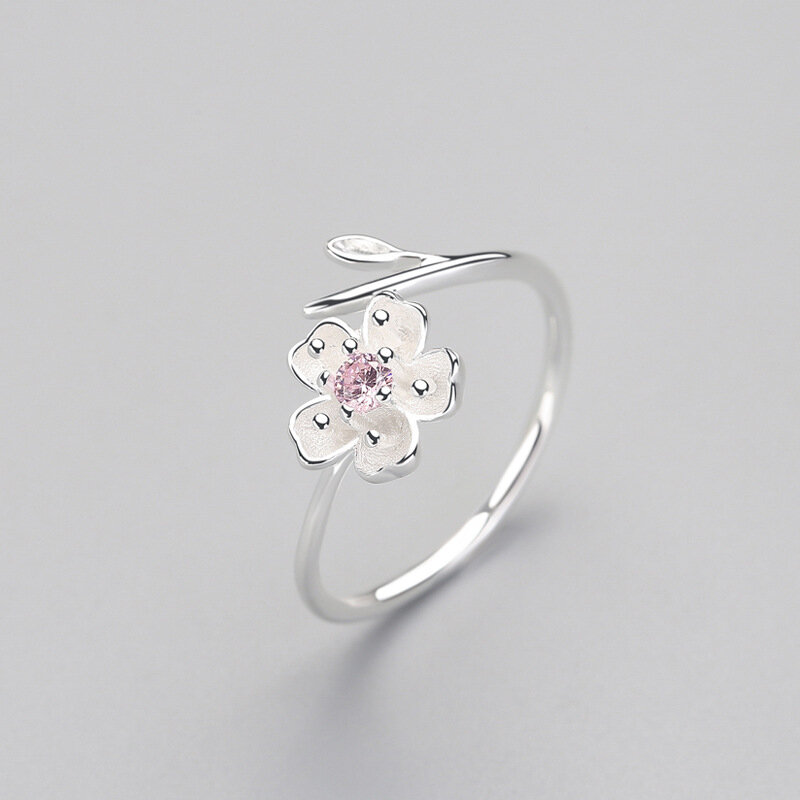 Real 925 Sterling Silver Zircon Enamel Plum Flower Adjustable Ring Elegant Fine Jewelry For Women Romantic Party Bijoux